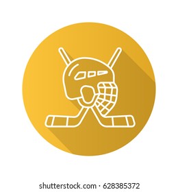 Hockey game equipment. Flat linear long shadow icon. Hockey sticks and helmet. Vector line symbol