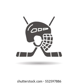 Hockey game equipment icon. Drop shadow silhouette symbol. Hockey sticks and helmet. Negative space. Vector isolated illustration