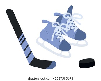 Hockey game equipment with stick puck and man skates isolated on white background. Hand drawn vector illustration in flat style. Winter sport concept, icon design, set of objects