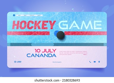 Hockey game landing page, invitation or ticket booking service. Rink with blue ice, puck and information text block. Winter sport event, competition, tournament on sports arena. Vector web banner.