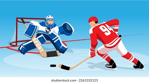 Hockey game - striker and goalkeeper. Penalty shot in hockey. Vector illustration.