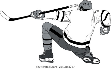 HOCKEY GOAL Celebration, Player's back, player from behind, figure, silhouette, score joy, detailed one line drawing illustration, outline, EPS vector file, clear background