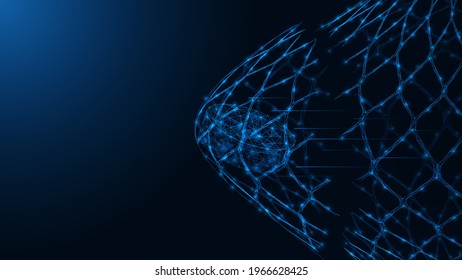 Hockey goal. A flying puck breaks through the net. Polygonal construction of concatenated lines and points. Blue background.