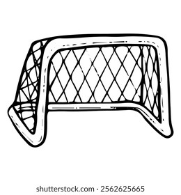 Hockey goal hand drawn doodle. Sports equipment. Metal crossbar with net. Target. Winter game. Professional match. Vector line art illustration.