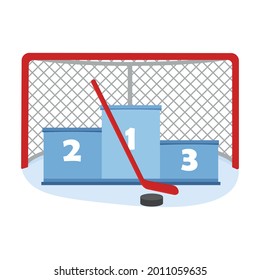 Hockey goal with a pedestal, stick and puck, color vector illustration in the cartoon style