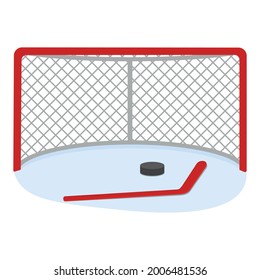 Hockeytor mit einem Stock und einem Puck, farbige Vektorgrafik im Cartoon-Stil