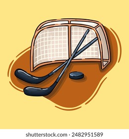 Hockey goal, stick, and puck. Sports equipment. Team game. Vector.