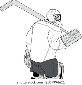 Hockey Goalie Back, goalkeeper from behind, one line drawing, vector eps illustration 