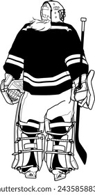 HOCKEY GOALIE GIRL from behind, Goaltender back, with ponytail, long hair, Goalkeeper drawing, illustration, outline, black, plain, vector eps