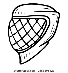 Hockey goalie helmet hand drawn doodle illustration. Head protection from falling and puck hitting injuries. Sports equipment. Ice game. Match. Vector line art.