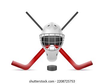 Hockey Goalie Mask, Sticks And Puck On A White Background. Vector Illustration.