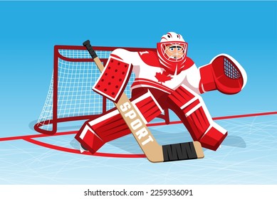 Jugador de hockey en defensa de gol. Arquero de hockey sobre caricatura. Ilustración del vector