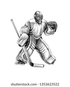 Hockey Goalie Player. Hand Drawn Sketch. Winter Sport. Vector Illustration Of Paints