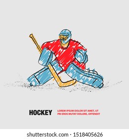 Hockey goalie positioning. Vector outline of hockey player with scribble doodles.