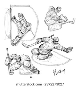 Vector de dibujo del portero de hockey. Esbozo de ilustraciones deportivas.