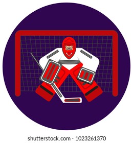 Hockey goalkeeper in flat stile protecting the gate. Color vector illustration. Goaltender sportsmen.