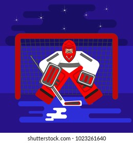 Hockey goalkeeper in flat stile protecting the gate. Color vector illustration. Goaltender sportsmen.