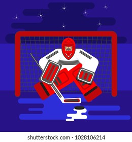 Hockey goalkeeper in flat stile protecting the gate, puck. Color vector illustration. Goaltender sportsmen.