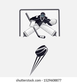 Hockey. Hockey goalkeeper at the gate beats the puck. Vector illustration