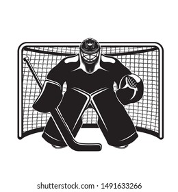 Hockey goalkeeper in goal on white background.