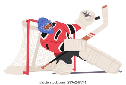 Hockey Goalkeeper Guards The Net With Determination, Character Donned In Protective Gear, Poised For Action On The Ice, Ready To Block Shots And Defend The Goal. Cartoon People Vector Illustration