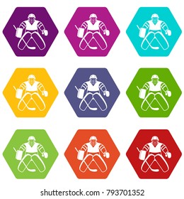 Hockey goalkeeper icon set many color hexahedron isolated on white vector illustration