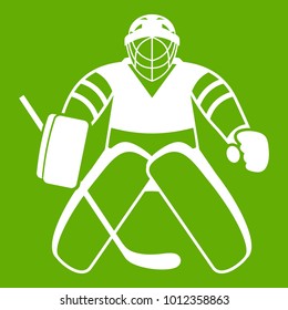 Hockey goalkeeper icon white isolated on green background. Vector illustration