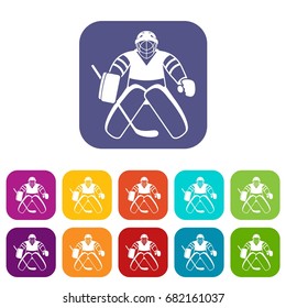 Hockey goalkeeper icons set vector illustration in flat style in colors red, blue, green, and other