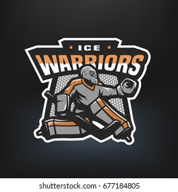 Hockey goalkeeper logo, emblem on a dark background.