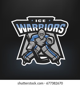 Hockey goalkeeper. Logo, emblem on a dark background.