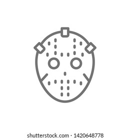 Hockey goalkeeper mask, protection uniform line icon.