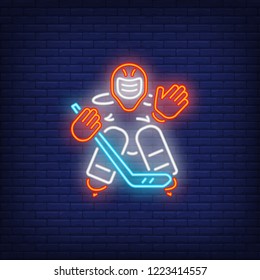 Hockey goalkeeper neon sign. Hockey advertisement design. Night bright neon sign, colorful billboard, light banner. Vector illustration in neon style.