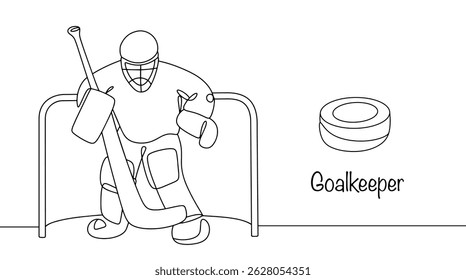 Goleiro de hóquei de terno protetor de pé no portão. Jogador cujo dever é proteger seu portão, impedindo que a equipe adversária marque um gol. Vetor isolado no fundo branco.