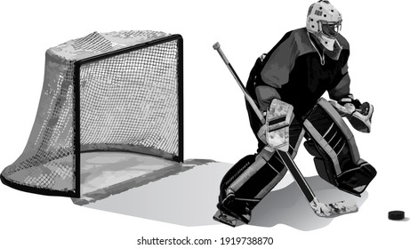 The hockey goalkeeper protects the goal. Goalkeeper, goal and puck isolated on white background. Illustration. Vector, eps10.