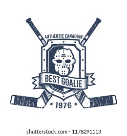 Hockey goalkeeper retro logo - goalie mask, heraldic shield and crossed sticks. Grunge worn texture on a separate layer.