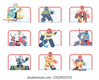 Hockey goalkeepers. Flat sport guards in colorful different gears. Sport characters with hockey sticks and in mask waiting puck, recent vector set