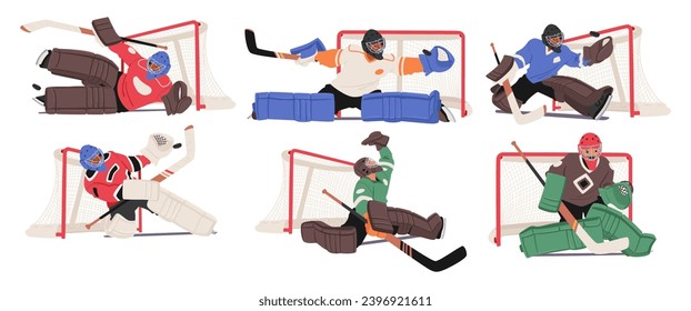 Los Arqueros De Hockey De Gear Vibrante, Protegen La Red Con Reflexos Relámpagos, Embosando Resiliencia Y Determinación Mientras Bloquean Las Disparaciones Y Defienden Su Objetivo De Equipo. Ilustración del vector de dibujos animados