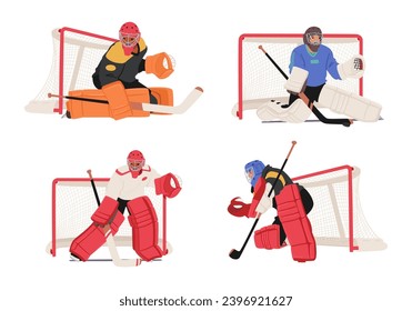 Hockey Goalkeepers In Vibrant Gear, Fiercely Guard The Net With Lightning Reflexes. Their Masks Conceal Determination, Embodying The Fearless Sentinels Of The Icy Battleground. Vector Illustration