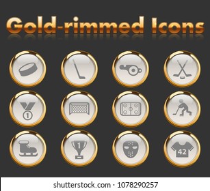 hockey gold-rimmed vector icons with black background