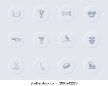 hockey gray vector icons on round rubber buttons. hockey icon set for web, mobile apps, ui design and promo business polygraphy