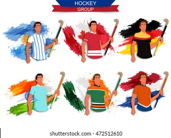 Hockey Group Players holding Hockey Sticks, Flags of Argentina, Canada, Germany, India, Ireland and Netherlands countries made by watercolor brush strokes, Creative Sports background.