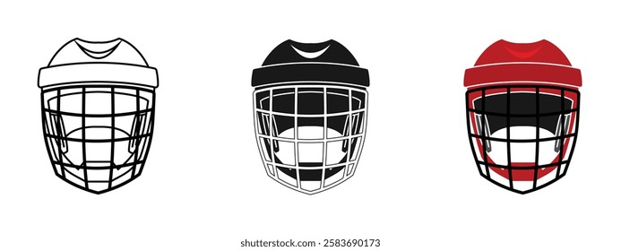 hockey helmet design set, outline style available, solid black and colored, editable vector eps 10.