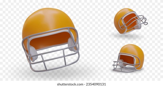 Hockey helmet in different positions. Accessory for protecting goalkeeper head and face. Realistic helmet with metal mesh. Set of isolated illustrations