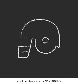 Hockey helmet hand drawn in chalk on a blackboard vector white icon isolated on a black background.