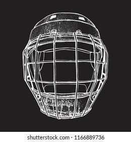 Hockey Helmet with mask. Front  view. Sports Vector illustration isolated on black background. Ice hockey sports equipment. Hand drawn helmet in sketch style.