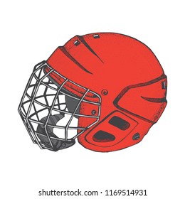 Hockey Helmet with mask. Side view. Sports Vector illustration isolated on white background. Ice hockey sports equipment. Hand drawn red helmet in cartoon style.