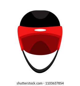 Hockey helmet. Sport helmet. Flat cartoon style vector illustration icons. Isolated on white. Sport equipment. Hockey red black helmet for game. Sport tools. Hockey front view male accessories.