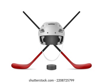 Hockeyhelm, Stöcke und Puck auf weißem Hintergrund. Vektorgrafik.