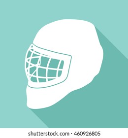 Hockey Helmet vector icon with long shadow. White illustration isolated on green background for graphic and web design.