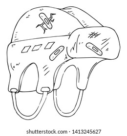 Hockey helmet. Vector illustration of a cracked hockey helmet. Hand drawn sports equipment damaged hockey helmet.